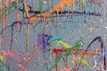 Colorful graffiti paint splattered and dripping on urban wall, close up,Paint