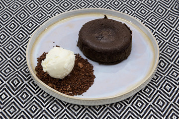 Classic fondant with liquid chocolate center. Served with homemade ice cream and chocolate ground....