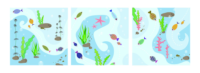 Set of 3 underwater backgrounds with colorful fishes, seaweeds, plants and coral elements.Flat trendy marine design for cards, banners, web or posters.  Vector illustration