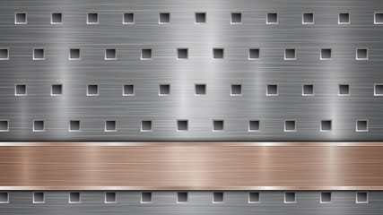 Background of silver perforated metallic surface with holes and horizontal bronze polished plate with a metal texture, glares and shiny edges