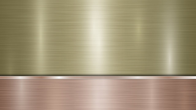 Background consisting of a golden shiny metallic surface and one horizontal polished bronze plate located below, with a metal texture, glares and burnished edges