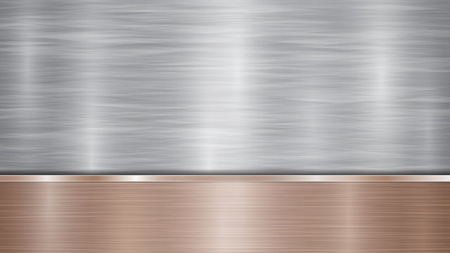 Background consisting of a silver shiny metallic surface and one horizontal polished bronze plate located below, with a metal texture, glares and burnished edges