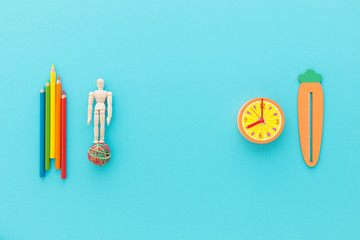 Young student school set. Creative flat desgn and blue background