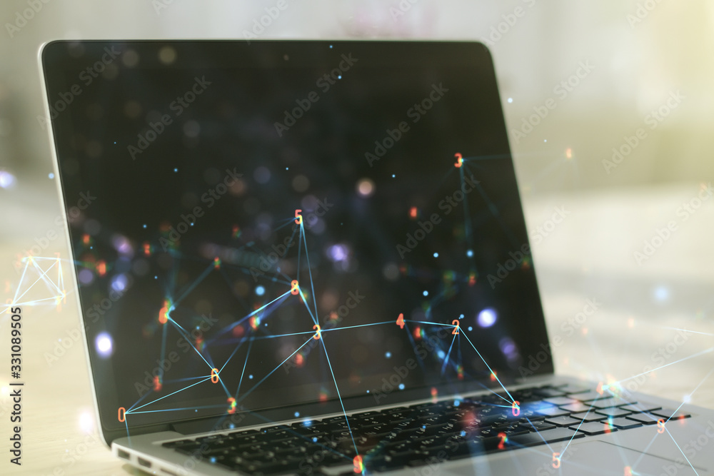 Aufkleber Creative abstract wireless technology hologram on modern computer background, artificial intelligence and machine learning concept. Multi exposure