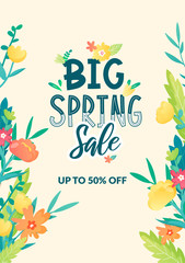 Spring ad sale text and bright flowers. © chuhastock
