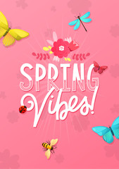 Spring ad text and bright flowers and butterflies.