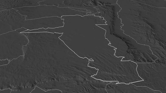 Uasin Gishu, county with its capital, zoomed and extruded on the bilevel map of Kenya in the conformal Stereographic projection. Animation 3D
