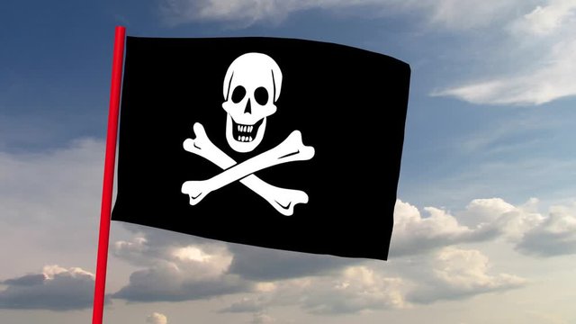 Pirate flag on red irons against the backdrop of heaven with dramatic clouds. Computer animation. Symbol of skull and crossed bones, wind simulation. 3d render animation, computer simulation