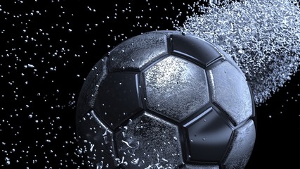 Black Roasted Metallic Soccer ball with Rotating Particles under Black-Blue Background. 3D sketch design and illustration. 3D high quality rendering.