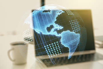 Double exposure of graphic America map on computer background, big data and digital technology concept