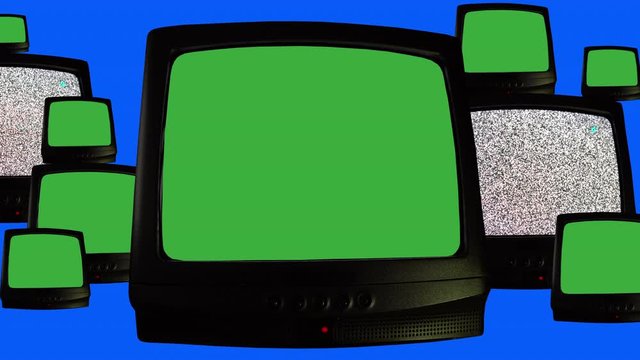 Multiple retro televisions on blue background, repeating pattern of many vintage TVs with green screen chroma key and noise interference. TVs of 80s, old retro televisions