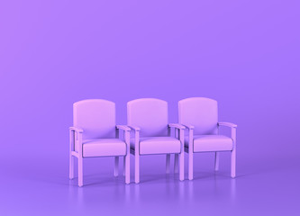 Waiting Room patient chairs, Medical equipment in flat monochrome purple room, 3d rendering