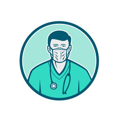 Icon retro style illustration of a male physician, health professional or nurse wearing a surgical mask and stethoscope viewed from front set inside circle on isolated background.