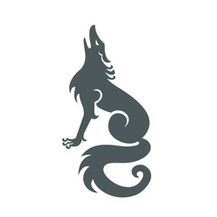 Tattoo art style illustration of a silhouette of a wolf howling facing side view on isolated white background.