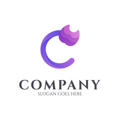 cat letter C logo design, simple animal cartoon character, creative letter logo idea, purple color, vector illustration