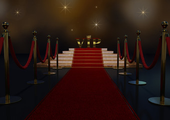 Red carpet, staircase and golden ropes Concept of success and triumph. Illustration 3D.