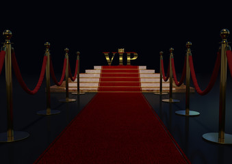 Red carpet, staircase and golden ropes Concept of success and triumph. Illustration 3D.
