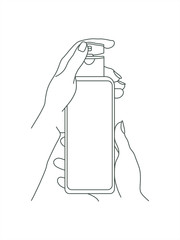 Human hands holding cosmetic packaging. Opened cap. Black& white color line style vector illustration.
