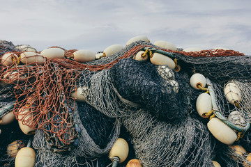 Pile commercial fish nets and gill nets, Fishermen's Terminal, Seattle, Washington,Fishing Nets