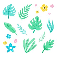 Tropical summer leaf set for wallpaper, greeting card, poster design. Exotic floral decoration of hawaii style. Vector illuatration of trendy style.