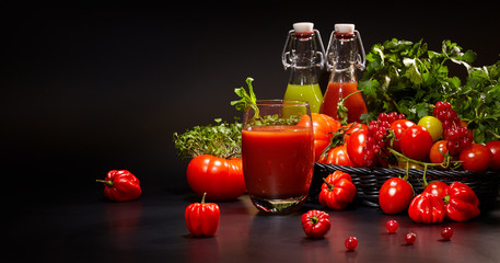 Glasses with fresh organic vegetable and fruit juices isolated on black. Detox diet.