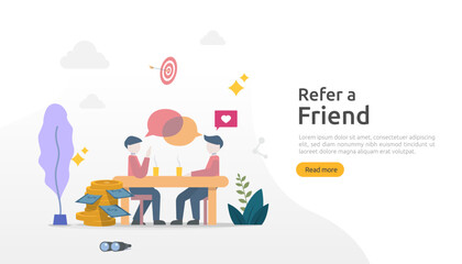 Obraz na płótnie Canvas refer a friend strategy and affiliate marketing concept . people character sharing referral business partnership and earn money. template for web landing page, banner, poster, print media