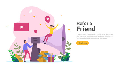 refer a friend strategy and affiliate marketing concept . people character sharing referral business partnership and earn money. template for web landing page, banner, poster, print media