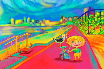 Cute little boy with children bike walk along the sea on resort town. Children illustration. Cartoon style