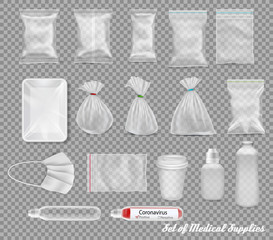 ollection of polypropylene plastic packaging and medical supplies - sack, tray, cup, bottle, box, tube, medical mask on transparent background. Vector illustration