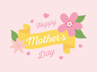 Fototapeta na wymiar happy mothers day, flowers ribbon letters hearts decoration