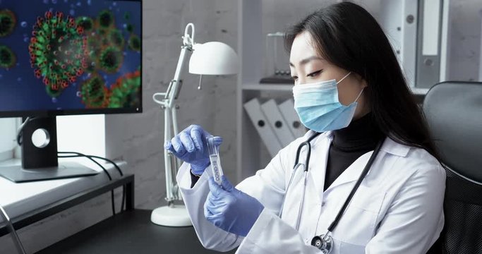Chinese brave Doctor with protective gloves is studying Coronavirus Infection. Asian female Doctor. Novel coronavirus (2019-nCoV). MERS Chinese infection, atypical pneumonia. Wuhan, China.Pandemic.