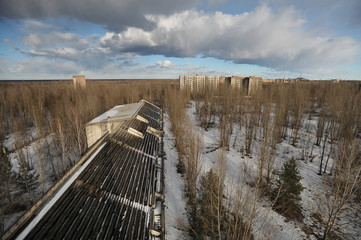 Abandoned stadium in ghost town Pripyat in Chernobyl zone