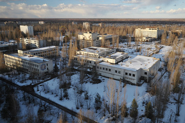Central square of abandoned ghost town Pripyat in Chernobyl zone