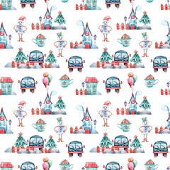 Watercolor colorful seamless Christmas pattern with Christmas trees,snow man, houses, cars. Perfect for wrapping paper, textile design, print, fabric, packaging