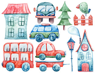 Naklejka premium Watercolor colorful Christmas clipart with winter trees, cars, bird, house, bus. Perfect for pattern, wrapping paper, textile design, print, fabric, packaging