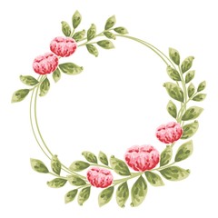 Wreaths, floral frames, hand-drawn flowers pink and red peony, Illustration hand painted. Isolated on white background. Invitation and greeting card design.