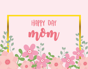 happy mothers day, pink flowers leaves pink background