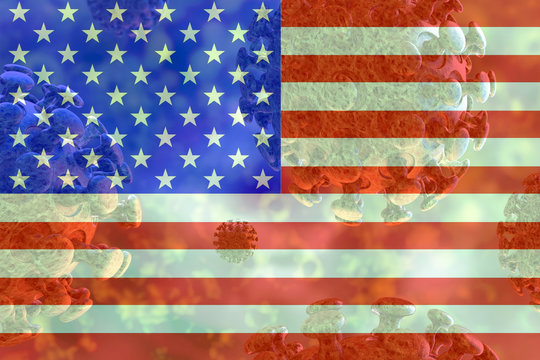 Image of the covid 19 coronavirus, with USA flag superimposed.