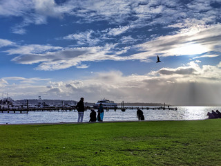 People walking by the beach at the Kirkland Marina at Lake Washington