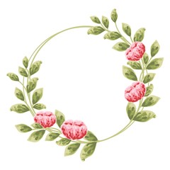 Wreaths, floral frames, hand-drawn flowers pink and red peony, Illustration hand painted. Isolated on white background. Invitation and greeting card design.