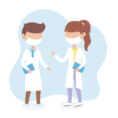virus covid 19 quarantine, female and male doctors professional with masks