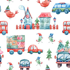 Watercolor colorful seamless Christmas pattern with Christmas tree, birds, bus, cars, gift boxes. Perfect for wrapping paper, textile design, print, fabric, packaging