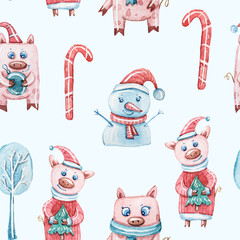 Watercolor colorful seamless Christmas pattern with Christmas trees, pigs, bird, gift boxes. Perfect for wrapping paper, textile design, print, fabric, packaging, bus