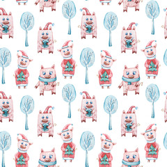 Watercolor colorful seamless Christmas pattern with Christmas trees, pigs, bird, gift boxes. Perfect for wrapping paper, textile design, print, fabric, packaging, bus