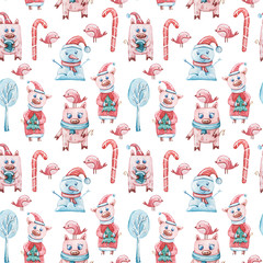 Watercolor colorful seamless Christmas pattern with Christmas trees, pigs, bird, gift boxes. Perfect for wrapping paper, textile design, print, fabric, packaging, bus
