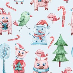 Watercolor colorful seamless Christmas pattern with Christmas trees, pig, bird, snow man on blue background. Perfect for wrapping paper, textile design, print, fabric, packaging, bus