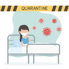 virus covid 19 quarantine, sick woman in bed clinic coronavirus warning tape
