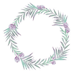 Fototapeta na wymiar Watercolor hand painted floral wreath. Hand drawn illustration. Perfect for logotype, patterns, valentines day cards, wedding invitations, baby shower, web design