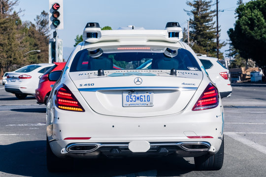 March 4, 2020 Santa Clara / CA / USA - Mercedes Benz self driving vehicle  performing tests on the streets of Silicon Valley; Daimler and Bosch partnered to develop a fully autonomous vehicle