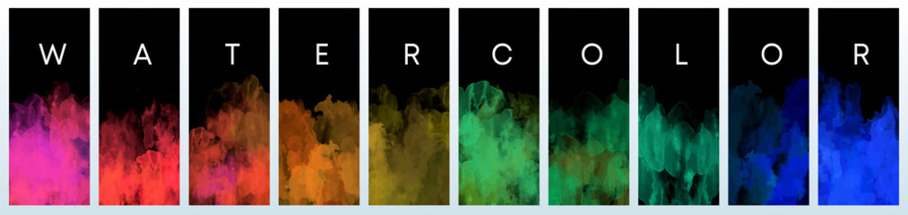 Big set of bright vector colorful watercolor on vertical black background for poster or flyer	